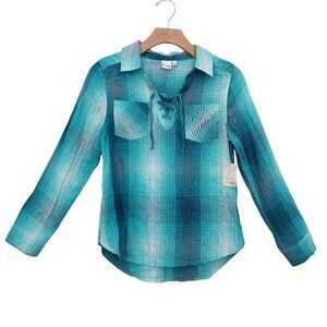 Mudd Girls Top Girls 14 Green Lace Up Plaid Soft Fabric Long Sleeve Casual